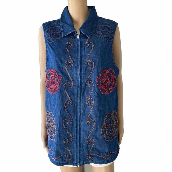 VTG Y2K Bobbie Brooks Denim Artsy Embroidery Sleeveless Full Zip Shirt Women L - Picture 1 of 6